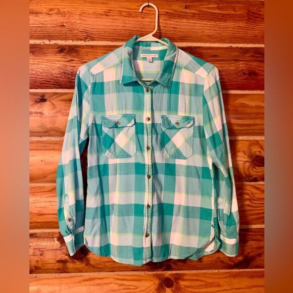 American Eagle Outfitters Tops - American Eagle Turquoise Blue Button Down Plaid Shirt Small